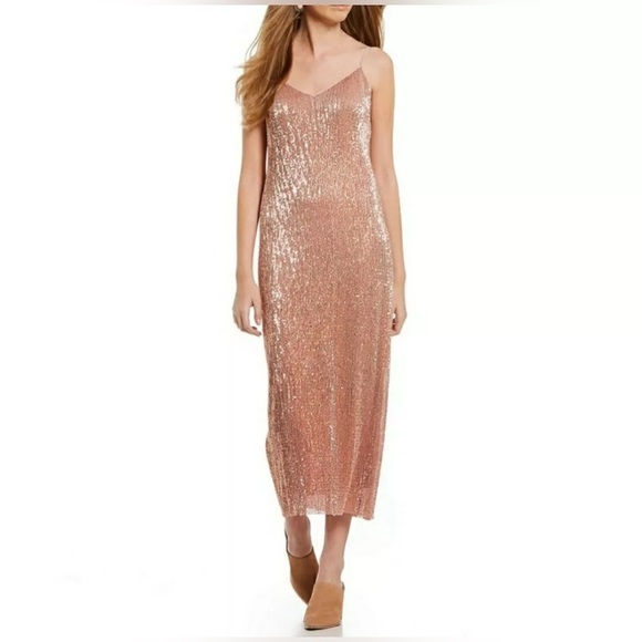 1. STATE Dramatic Pause Lustre Pink Nude Sequin Midi Adjustable Strap Slip Dress - Picture 10 of 10
